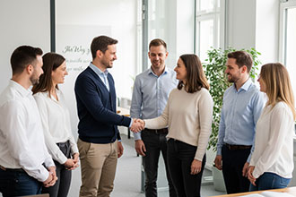 Zwei Personen geben sich die Hand, während Kolleginnen und Kollegen daneben freundlich zusehen.