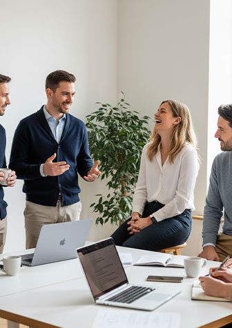 Fünf Personen stehen und sitzen in einem hellen Büro und unterhalten sich gut gelaunt miteinander.