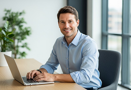 Lächelnder Mitarbeiter Ein Mann sitzt lächelnd am Schreibtisch.