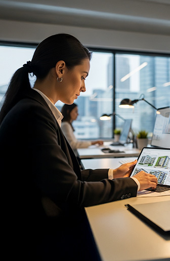 Moderne Büroarbeit mit Tablet Eine Geschäftsfrau betrachtet Architektur-Visualisierungen auf einem Tablet in einem hellen Büro.