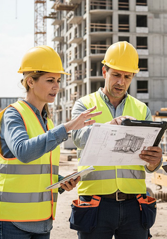 Einstieg in Bau- und Immobilienkarrieren Zwei Bauingenieure mit Helmen und Sicherheitswesten besprechen Baupläne vor einem Rohbau.