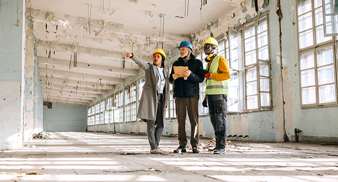 Noch Fragen offen? Drei Personen mit Helmen und Klemmbrett inspizieren eine große Industriehalle, während eine Frau auf Details zeigt.