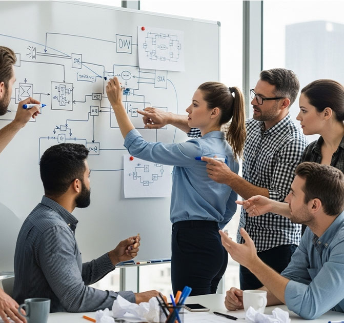 Ingenieursteam plant technische Prozesse Eine Gruppe junger Fachkräfte diskutiert an einem Whiteboard technische Zeichnungen und Abläufe im Engineering-Bereich.