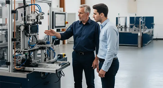 2 Personen an einen elektrischen Gerät in einer Erklärsituation 2 Personen an einen elektrischen Gerät in einer Erklärsituation