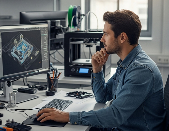 Ingenieur bei der 3D-Konstruktion Ein Ingenieur arbeitet konzentriert am Computer mit moderner 3D-Konstruktionssoftware im Büro.