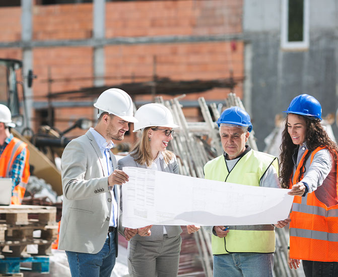 Vier Personen mit Schutzhelmen betrachten gemeinsam Baupläne auf einer Baustelle.