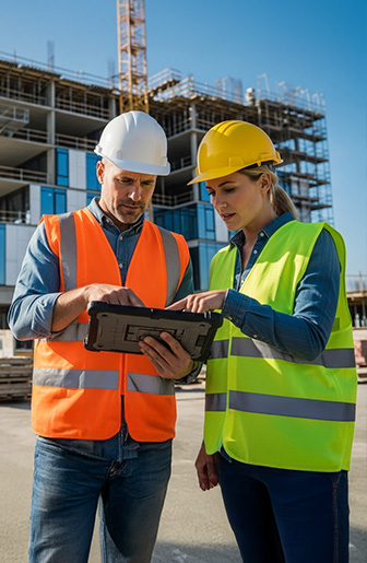Checkup einer Baustelle auf dem Tablet Checkup einer Baustelle auf dem Tablet